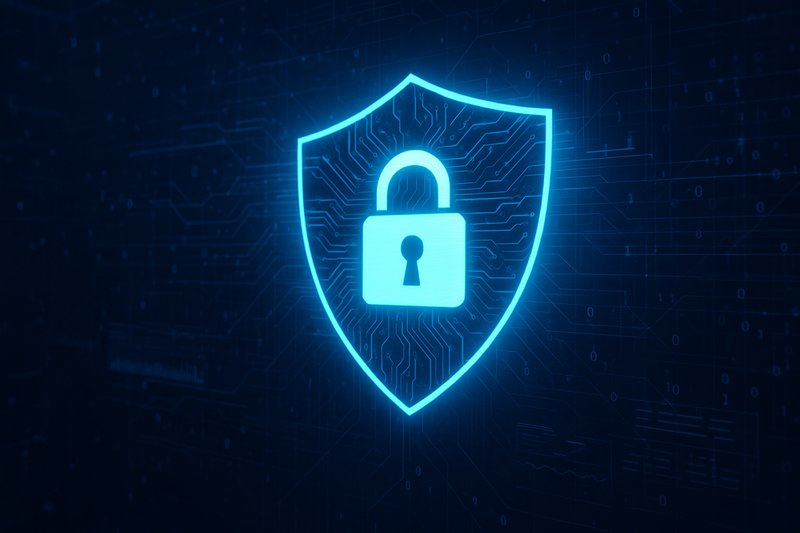 Símbolo de seguridad azul brillante con forma de candado dentro de un escudo, representado sobre un fondo digital oscuro con pistas conductoras y números binarios. El motivo representa la ciberseguridad y la protección frente a amenazas digitales.