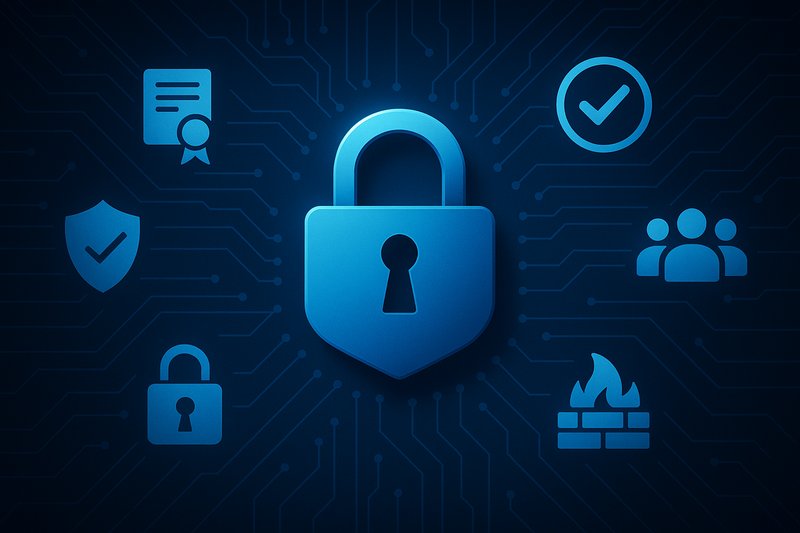 Representaciones digitales esquemáticas de diferentes símbolos, como cortafuegos, certificados y listas de verificación, que simbolizan las medidas de ciberseguridad implementadas.