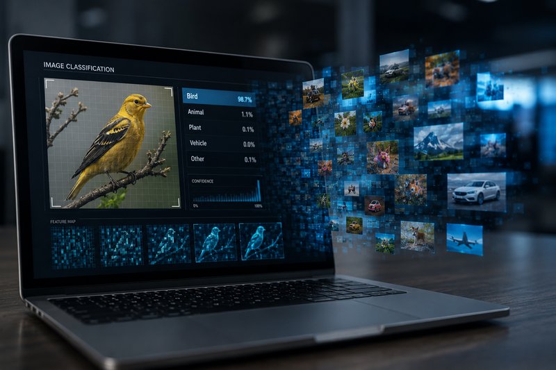 Ordenador portátil con interfaz de inteligencia artificial para la clasificación de imágenes, capaz de reconocer un pájaro y visualizar otras categorías de imágenes.