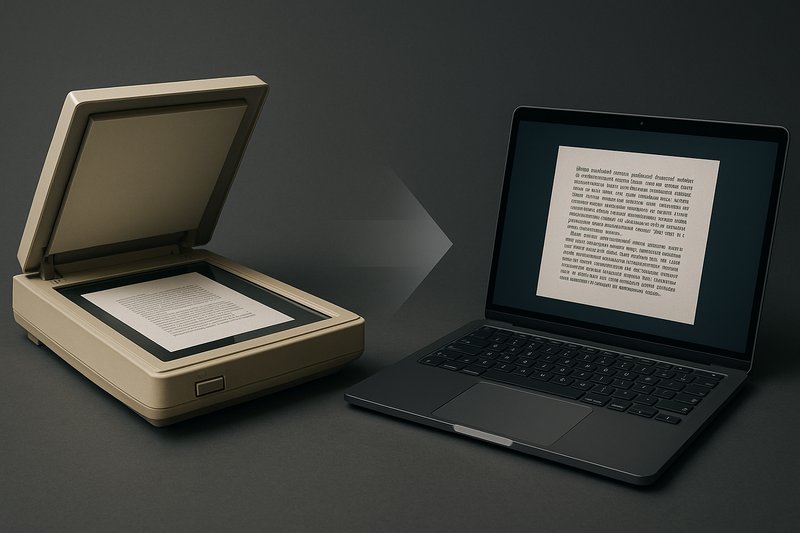 Representación de la transición del OCR clásico con escáner plano al reconocimiento de texto digital moderno en un ordenador.