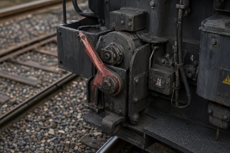 Primer plano de una palanca de freno y de los componentes técnicos de un vagón de tren en una vía.