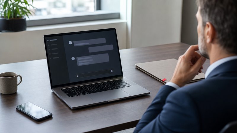 Ein Mitarbeiter sitzt an einem Schreibtisch vor einem Laptop mit einer abstrakten KI-Chat-Oberfläche; ein privates Smartphone und ein geschlossener Ordner liegen daneben.