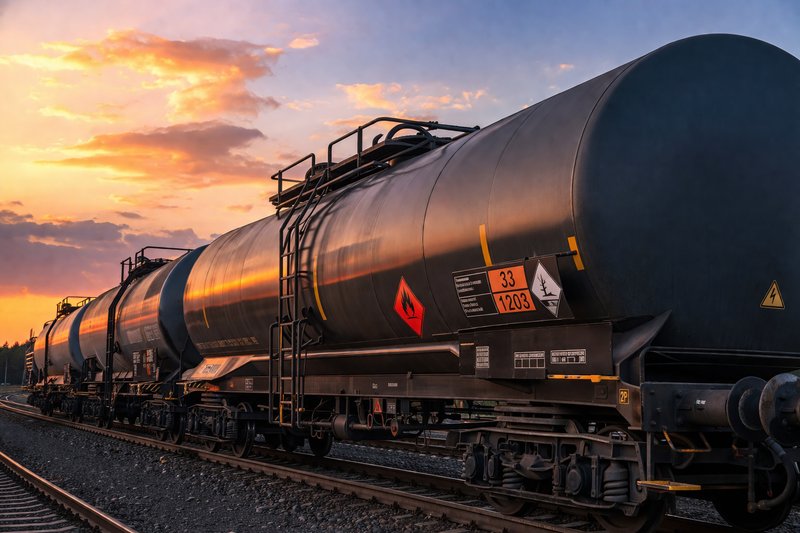 A freight car is loaded with hazardous materials and is waiting on the track to be cleared.