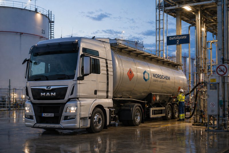 A tanker truck (also called a road tanker or tank vehicle) transports mineral oil from the refinery to customers.