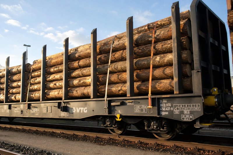 A stake car or flat car with side stakes, loaded with logs, is standing on the rails or tracks.