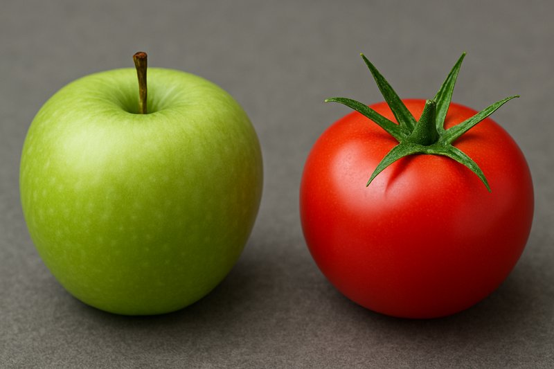 Comparación entre dos objetos para ilustrar la diferencia entre el procesamiento clásico de imágenes y el reconocimiento moderno mediante aprendizaje automático: a la izquierda, una manzana verde como objeto sencillo y de estructura clara; a la derecha, un tomate rojo como motivo más complejo.